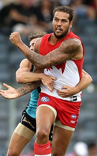 Lance Franklin fires out a handball during his return game at Blacktown. Picture: Getty Images - ${keywords}